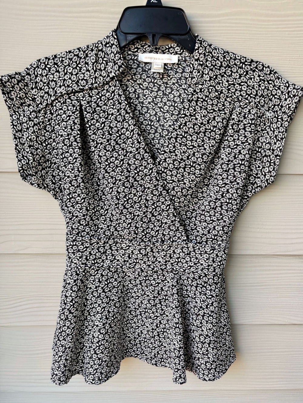 Monteau Black White Ditsy Floral Peplum Blouse Top Small